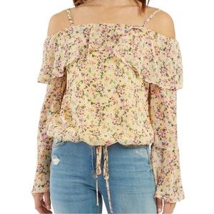 BCX Womens Yellow Sheer Tie Hem Lined Long Sleeve Off Shoulder Small